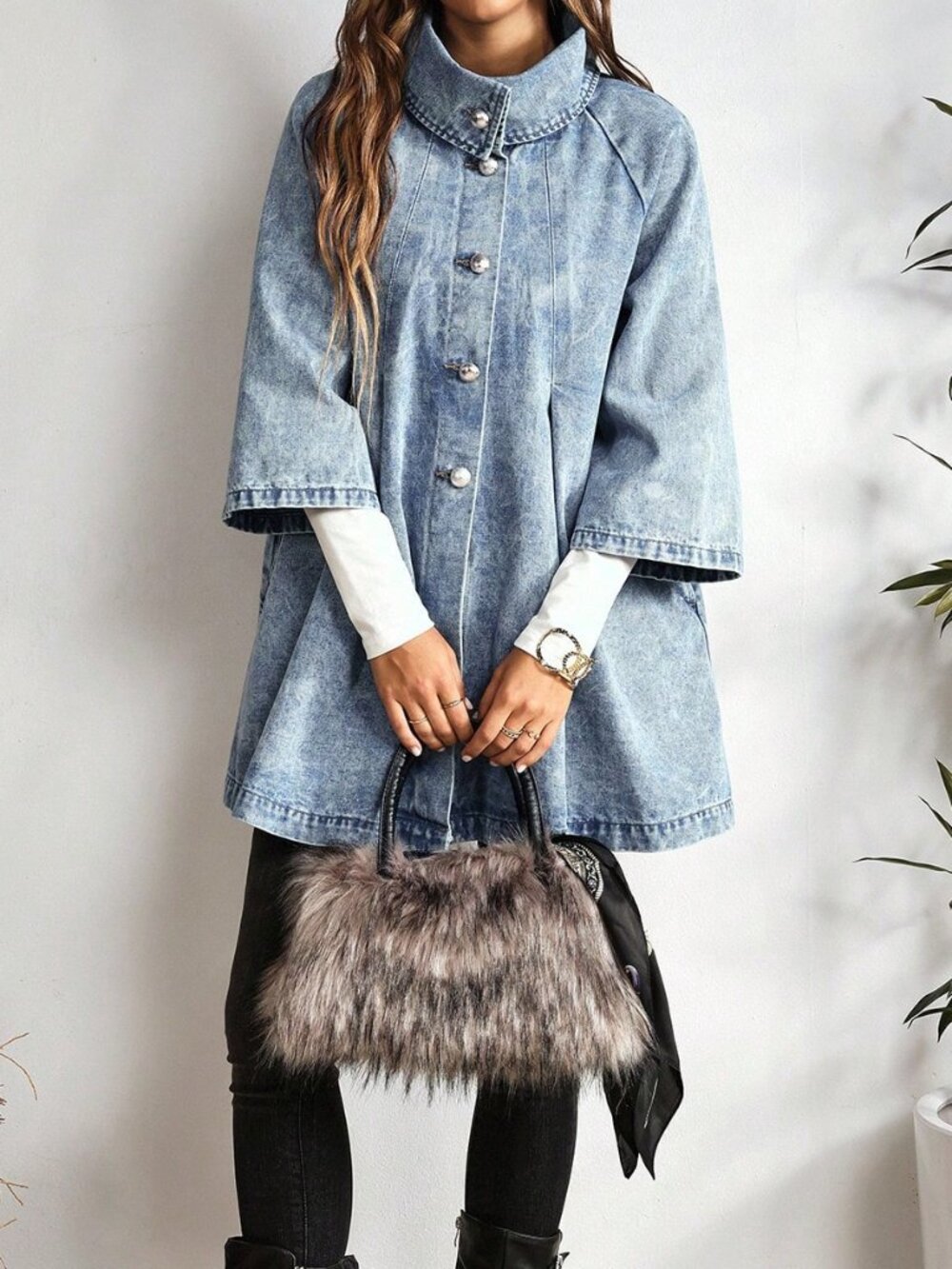 Blue Casual Women's Denim Jacket With Raglan Sleeves And Single-Breasted Closure - Picture 7 of 7